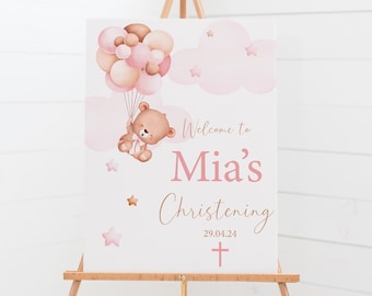 Personalised Christening Welcome Sign- Pink Bear with Balloons - Communion, Baptism, Naming Day - A1, A2, A3 or A4 - Digital or Printed Copy