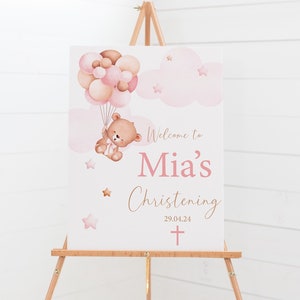 Personalised Christening Welcome Sign- Pink Bear with Balloons - Communion, Baptism, Naming Day - A1, A2, A3 or A4 - Digital or Printed Copy