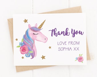 Unicorn Personalised Birthday Thank You Cards - With Envelopes