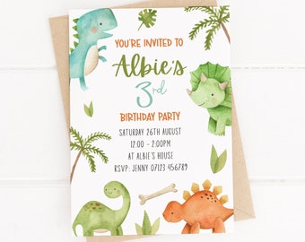 Watercolour Dino - Dinosaur Party Invitations - Personalised Birthday Party Invites - With Envelopes