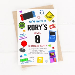 Gamer Party Invitations - Personalised Birthday Party Invites - With Envelopes - Gaming - Video Game