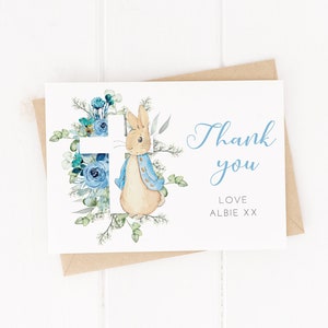 Personalisierte blaue Hasen-Blumen-Dankeskarten - Taufe, Baby-Dusche, Taufe, etc, - mit Umschlägen
