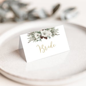 Pinho floral de inverno personalizado - Cartões de nome de local de casamento - Cartões de assento, etiquetas
