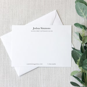 May include: White stationery card with black text. The text reads "Joshua Simmons", "184 Main Street, Nottingham NG2 9AB", "E jsimmons@gmail.com", and "T 07923 456789".