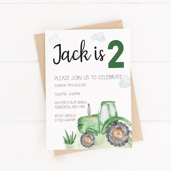 Green Farm Tractor Party Invitations - Personalised Birthday Party Invites - With Envelopes - Any Age