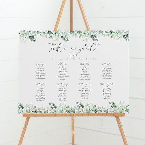 A1, A2 or A3 Eucalyptus Seating Plan Wedding Welcome Sign - Table Plan - Seating Map - Minimalist Design - Digital or Printed Copy