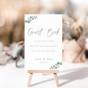 Ramo de Eucalipto - Placa de livro de visitas personalizada para casamento - Personalize com qualquer texto - Cartões A5, A4, A3 ou A2 ou placas de espuma