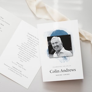 May include: A white and blue funeral order of service with a black and white photograph of a man smiling. The order of service includes a poem titled "Don't Cry For Me" and a hymn titled "Come, O Come to the Lord". The order of service is titled "Celebrating the Life of Colin Andrews" with the dates 24.05.1942 - 13.09.2021.