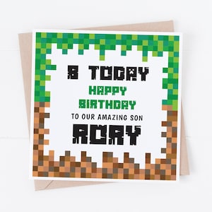 Cartão de Feliz Aniversário Personalizado para Jogos - Personalize com qualquer texto ou idade - Jogador - Videogame - Estilo Minecraft