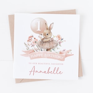 Personalisierte Dusky Pink Bunny Happy Birthday Karte - Personalisieren Sie mit jedem Text - Tochter, Enkelin, Nichte - Erster Geburtstag