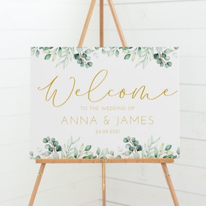 Personalised Eucalyptus Wedding Welcome Sign - Gold Text - Minimalist Simple Design - Digital or Printed Copy - A1, A2, A3 or A4