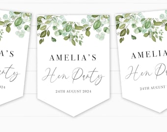 Personalised Bridal Shower / Hen Party Bunting - Elegant Greenery Eucalyptus Design - Party banner Decoration
