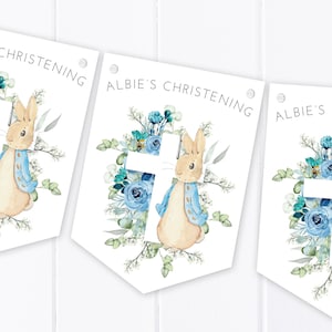 Personalised Blue Rabbit Floral Christening, Communion, Baptism, baby Shower Bunting - Banner / Garland - Eucalyptus Cross Design