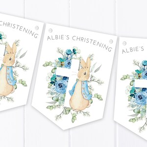 Personalised Blue Rabbit Floral Christening, Communion, Baptism, baby Shower Bunting - Banner / Garland - Eucalyptus Cross Design