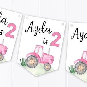 Personalised Pink Tractor Happy Birthday Bunting - Children&#39;s Party Decoration Banner / Garland - Any Age - John Deere