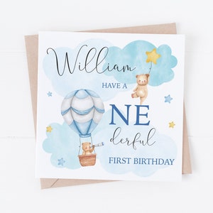 Blau One-derful - Personalisierte alles Gute zum Geburtstag Karte - 1.Geburtstag - Sohn, Enkel, Neffe - Blauer Bär Heißluftballon