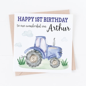 Personalisierte alles- Gute zum Geburtstagkarte des blauen Traktors - Personalisieren Sie mit jedem möglichem Text oder Alter - 1., 2., 3., 4., 5. Geburtstag