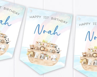 Noah's Ark - Personalised Happy Birthday Bunting - Children's Party Decoration Banner Garland - Any Age, 1st, 2nd, 3rd, 4th, 5th, 6th