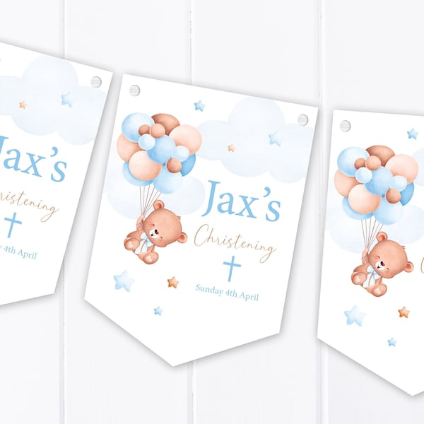 Personalised Blue Bear with Balloons Bunting - Christening, Baptism, Communion, Naming Day - Party Decoration Banner