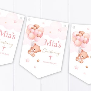Personalised Pink Bear with Balloons Bunting - Christening, Baptism, Communion, Naming Day - Party Decoration Banner
