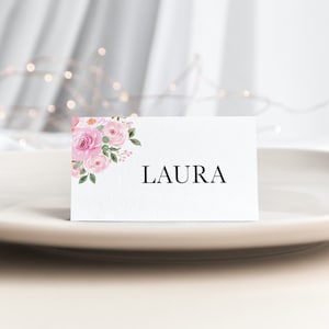 Gepersonaliseerde mooie roze bloemen plaatsnaamkaartjes - zitplaatskaarten, tags