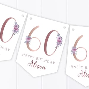 Any Age - Rose Gold Floral Birthday Bunting - Party banner Decoration - Any age - 18th 21st 30th 40th 50th 60th 70th 80th 90th 100th