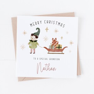 Personalisierte Weihnachtskarte - Elfe mit Schlitten - Sohn, Enkel, Neffe, Patenkind, Freund - ES1