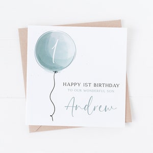Carte de joyeux anniversaire personnalisée aquarelle ballon bleu - fille, petite-fille, nièce - premier anniversaire - 1er, 2e, 3e anniversaire - tout âge