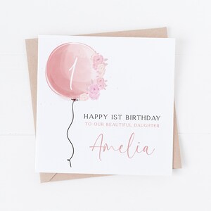 Carte de joyeux anniversaire aquarelle personnalisée ballon rose - fille, petite-fille, nièce - premier anniversaire - 1er, 2e, 3e anniversaire - tout âge