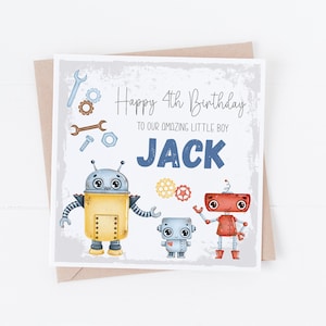 Robot Party - Biglietto di auguri di buon compleanno personalizzato con robot - Personalizzabile con qualsiasi testo o età - Figlio, nipote, nipote, ecc.