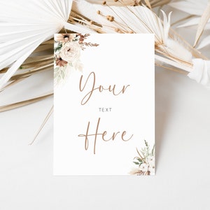 Cartelli da tavolo per matrimonio Boho Floral Pampas - Qualsiasi testo - Personalizza con qualsiasi testo - Biglietti A5, A4, A3 o A2 o pannelli in schiuma