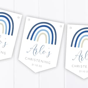 Personalised Blue Rainbow Christening Bunting - Baptism, Communion, Naming Day - Party Decoration Banner