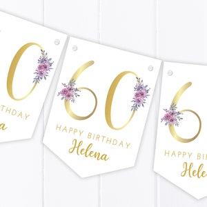 Gold Floral Birthday Bunting - Party banner Decoration - Any age - 18th 21st 30th 40th 50th 60th 70th 80th 90th 100th