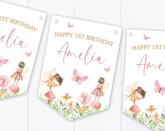 Personalisierter Fairy Garden Happy Birthday Wimpelkette - Kinder Party Dekoration Banner