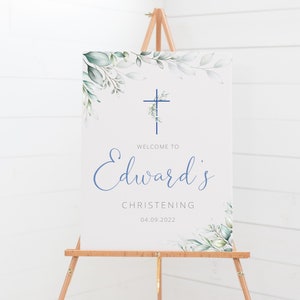 Personalised Blue Eucalyptus Christening Welcome Sign - Communion, Baptism, Naming Day - A1, A2, A3 or A4 - Digital or Printed Cop