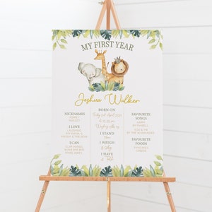 Personalised Watercolour Jungle Safari Birthday Milestone Board - My First Year - Digital or Printed Copy - A1, A2, A3 or A4