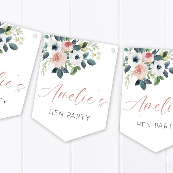 Personalised Bridal Shower / Hen Party Bunting - Dusky Pink Floral Design - Party banner Decoration