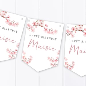 Personalisierte Kirschblüte alles Gute zum Geburtstag Wimpelkette – jedes Alter, 21., 30., 40., 50., 60., etc – weiblicher Geburtstag