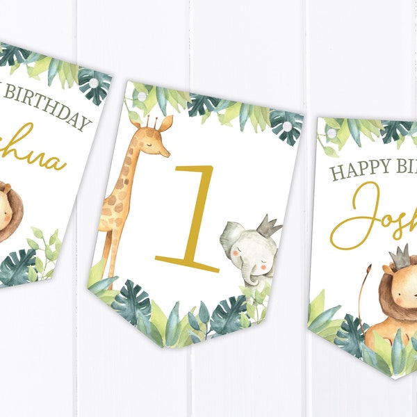 Jungle Safari Watercolour Happy Birthday Bunting - Personalised Children's Party Decoration Banner / Garland - Any Age B90
