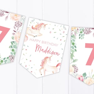 Personalised Floral Unicorn Happy Birthday Bunting - Children's Party Decoration Banner