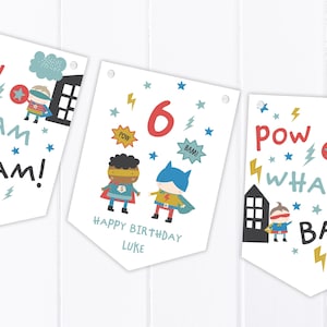 Banderín de feliz cumpleaños de superhéroe Little Hero, pancarta/guirnalda personalizada para decoración de fiestas infantiles, cualquier edad