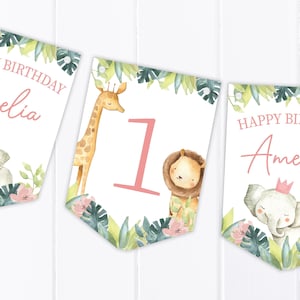 Jungle Safari Pink Watercolour Happy Birthday Bunting - Personalised Children's Party Decoration Banner / Garland - Any Age B91