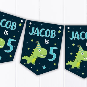 Dino Happy Birthday Wimpelkette - Personalisierte Kinderparty Wimpelkette / Girlande B7