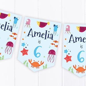 Bajo el mar - Bunting personalizado de feliz cumpleaños - Banner / guirnalda de decoración de fiesta infantil - Cualquier edad, 1.º, 2.º, 3.º, 4.º, 5.º, 6.º