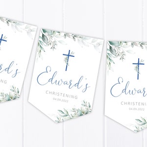 Personalised Blue Eucalyptus Bunting - Christening, Baptism, Communion, Naming Day - Party Decoration Banner