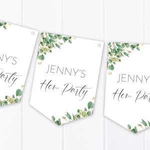 Personalised Bridal Shower / Hen Party Bunting - Bright Green and Gold Eucalyptus Design - Party banner Decoration