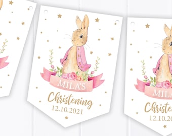 Gepersonaliseerde Pink Bunny Rabbit Doop, Communie, Doop, baby Shower Bunting - Party Decoration Banner / Garland B83