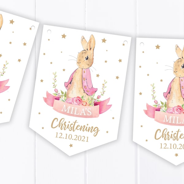 Personalised Pink Bunny Rabbit Christening, Communion, Baptism, baby Shower Bunting - Party Decoration Banner / Garland  B83