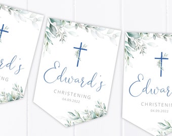 Personalised Blue Eucalyptus Bunting - Christening, Baptism, Communion, Naming Day - Party Decoration Banner