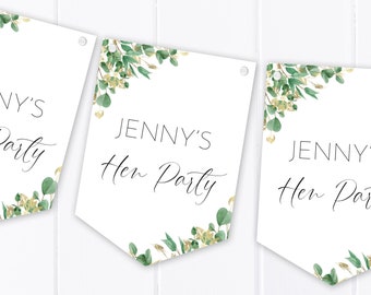 Personalised Bridal Shower / Hen Party Bunting - Bright Green and Gold Eucalyptus Design - Party banner Decoration